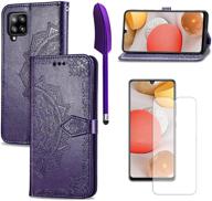 📱 mavis's diary flip case for galaxy a42 5g: stylish mandala dark purple wallet cover with styluses and tempered glass screen protector logo