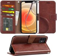 arae compatible with case iphone 12 and iphone 12 pro wallet flip cover with card holder and wrist strap - brown logo