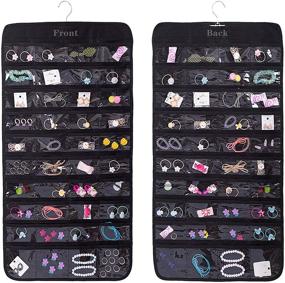 img 4 attached to 👂 Dual-Sided Earring Organizer with 80 Pockets - Hanging Jewelry Storage Display for Necklaces, Earrings, Rings - Transparent Black Closet Wall Holder - Includes Hanger