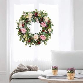 img 2 attached to 🌸 WANNA-CUL 24 Inch Spring Artificial Rose Flower Wreath: Pink and Wine Red Floral Door Wreath for Mother's Day, Weddings, and Home Decor with Eucalyptus Leaves