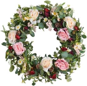 img 4 attached to 🌸 WANNA-CUL 24 Inch Spring Artificial Rose Flower Wreath: Pink and Wine Red Floral Door Wreath for Mother's Day, Weddings, and Home Decor with Eucalyptus Leaves