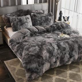 img 2 attached to 🛏️ WERDIM Shaggy Fluffy Tie Dye Duvet Cover Set - Dark Grey Queen Size - Velvety Bedding with Button Closure and Pillowcases