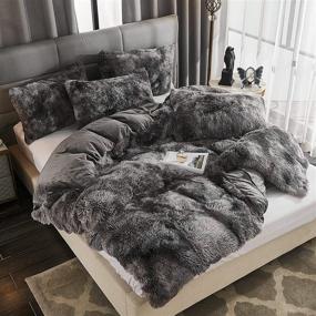 img 3 attached to 🛏️ WERDIM Shaggy Fluffy Tie Dye Duvet Cover Set - Dark Grey Queen Size - Velvety Bedding with Button Closure and Pillowcases