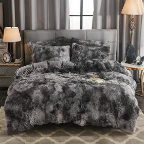 img 4 attached to 🛏️ WERDIM Shaggy Fluffy Tie Dye Duvet Cover Set - Dark Grey Queen Size - Velvety Bedding with Button Closure and Pillowcases