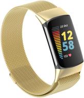 ✨ fitbit charge 5 magnetic mesh loop bands: premium stainless steel wristbands, adjustable replacement straps for women and men - gold, large logo