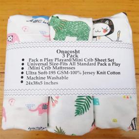 img 3 attached to 🐻 Набор простыней для детской кроватки Onacosht Pack n Play Fitted Sheet 3 Pack из 100% хлопка-джерси 195 GSM Набор простыней для игрового дворика, мягкие и эластичные чехлы для детского матраса мини-кровати для мальчика или девочки, белые с узорами медведя, слона, кота и цветков - Улучшение SEO-Friendly Название продукта: Набор простыней Onacosht 3 Pack Pack n Play - 100% хлопок-джерси, 195 GSM, мягкие и эластичные чехлы для игровой площадки - Набор простыней для мини-кровати для мальчика или девочки, белые с милыми узорами медведя, слона, кота и цветков.