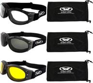global vision eliminator deluxe red baron style padded anti-fog motorcycle goggles - black frames (clear smoke & yellow) - top rated eye protection for riders logo