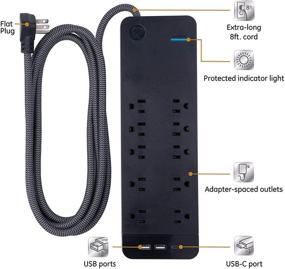 img 3 attached to GE UltraPro 10 розеточный защитный адаптер с поддержкой зарядки USB-C и двадцатишестифутовым кабелем из красиво плетеного материала - совместим с iPhone 12/11/Pro/Max/Хs/XR/X/8, Samsung Galaxy, Google Pixel - 3540 Джоулей, черный.