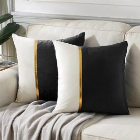 img 4 attached to 🖤 Fancy Homi 2 Packs Black Decorative Throw Pillow Covers: Luxury Modern Home Decor with Gold Leather and Velvet Patchwork - 18x18 Inch, Ideal for Living Room Couch Bed