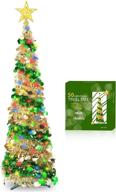 🎄 enhance your festive décor with turnmeon 5 ft tinsel prelit christmas tree - 50 color lights & sequin ball ornaments - battery operated with timer - stunning gold xmas decoration! logo