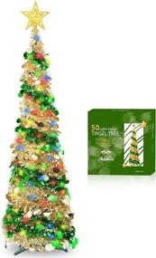 img 4 attached to 🎄 Enhance your Festive Décor with TURNMEON 5 Ft Tinsel Prelit Christmas Tree - 50 Color Lights & Sequin Ball Ornaments - Battery Operated with Timer - Stunning Gold Xmas Decoration!