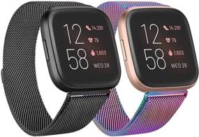 img 4 attached to Set of 2 Stainless Steel Mesh Bands for Fitbit Versa/Fitbit Versa 2/Fitbit Versa Lite - Breathable Wristband Straps with Adjustable Magnet Lock, Small Size, Black+Colorful