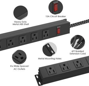 img 1 attached to Metal Mountable Surge Protector Power Strip with 8 Outlets, Wide Spaced Heavy Duty Power Strip, 6FT Braided Extension Cord 14AWG 300J 15A 125V 1875W 60Hz for Home Office School Shop Industrial Garage