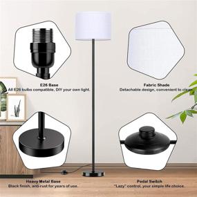 img 1 attached to 💡 Simple Modern LED Standing Floor Lamp with Shade, Ideal for Living Room Bedroom Office Study Room, Black Pole Lights with Convenient Foot Switch, White Fabric Stand Up Lamp, E26 Base