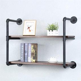 img 3 attached to Rustic Industrial Pipe Shelving: 30in Wall Mounted Metal Floating Shelves with Real Wood – Steampunk Style Book Display Unit for Farmhouse Kitchen, Bar or Living Space (2 Tier)