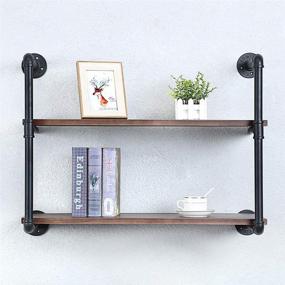 img 4 attached to Rustic Industrial Pipe Shelving: 30in Wall Mounted Metal Floating Shelves with Real Wood – Steampunk Style Book Display Unit for Farmhouse Kitchen, Bar or Living Space (2 Tier)