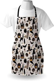 img 1 attached to 🎃 Lunarable Vintage Halloween Apron - Cartoon Jack o' Lantern, Tombstone, Skulls, and Bones Design - Unisex Kitchen Bib with Adjustable Neck for Cooking, Gardening - Adult Size - Pale Grey