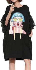 img 4 attached to 👗 Ellazhu Women's Fashion Lotus Sleeve Printed Casual Loose Summer T-Shirt Dress GA1156 A