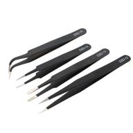 🔧 akoak 4 piece esd tweezers set - anti-static stainless steel tweezers for eyelash extension, electronics, and jewelry-making - straight and curved tip - black logo