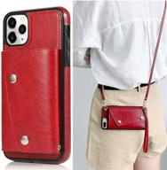 👜 red pu leather wallet case for iphone 11 pro with card holder, neck strap, crossbody chain, handbag/wrist strap - luvi protective cover logo