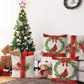 img 2 attached to 🎄 Festive Farmhouse Christmas Pillow Covers: Set of 4 Red Buffalo Check Cardinal Design - 18 x 18 Inch Winter Home Decor for Sofa Couch, Party Decorations & Holiday Cheer!
