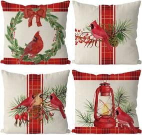 img 4 attached to 🎄 Festive Farmhouse Christmas Pillow Covers: Set of 4 Red Buffalo Check Cardinal Design - 18 x 18 Inch Winter Home Decor for Sofa Couch, Party Decorations & Holiday Cheer!