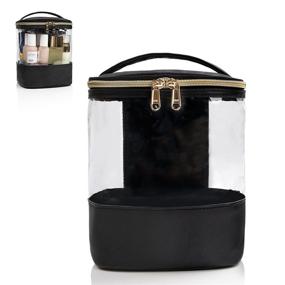 img 4 attached to 🖤 Black Clear Makeup Bag - Waterproof Travel Cosmetic Organizer with Handle, Transparent Plastic Makeup Pouch featuring Mesh Pockets for Toiletries and Cosmetics