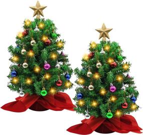 img 4 attached to 🎄 Christmas Tree Decoration Kit: Set of 2 Artificial Mini Xmas Pine Trees (20") with LED String Lights and Ornaments - Perfect for Indoor Home Decor