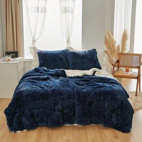 img 2 attached to FlySheep Luxury Faux Fur Queen Size Comforter Set - Shaggy Velvet Navy Long Hair with Plush Sherpa Backing - Reversible Bedding Set for Cozy Winter Warmth