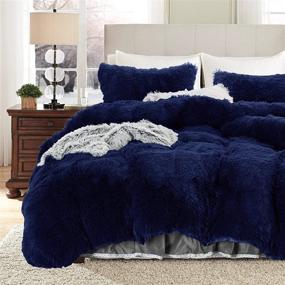 img 4 attached to FlySheep Luxury Faux Fur Queen Size Comforter Set - Shaggy Velvet Navy Long Hair with Plush Sherpa Backing - Reversible Bedding Set for Cozy Winter Warmth