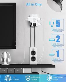 img 3 attached to Электрическая сеть ETL с перегрузкой и USB-зарядкой: 1800J, 5 розеток, 3 USB-порта (1 USB C), идеально подходит для использования дома, в путешествии и в офисе.