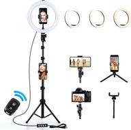 enhance your live streaming and photo shooting with the 10 inch ring light: stand, phone holder, 3 color lighting modes, adjustable brightness, 360° rotation, remote control, and photo shot capability for flawless makeup application logo