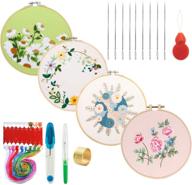 🌸 haimay 4 piece embroidery starter kit: pattern, instructions, cross stitch kit with 4 floral patterned embroidery clothes, 4 bamboo embroidery hoops, color threads, and tools logo