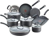 t-fal e765sefa ultimate hard anodized nonstick 14 piece cookware set - dishwasher safe pots and pans, black logo