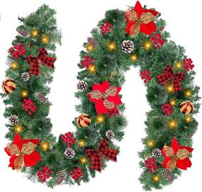 img 4 attached to 6ft Pre-lit Christmas Garland Lights Decoration: 50 LED Timer, 8 Modes, Snowy Bristle Pine, Poinsettia, Ball Ornaments, Bows, Snowy Pinecones, Red Berries - Battery Operated Home Indoor Decor+