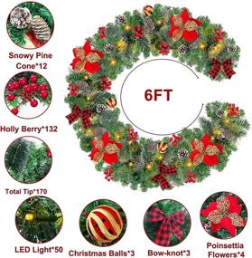 img 3 attached to 6ft Pre-lit Christmas Garland Lights Decoration: 50 LED Timer, 8 Modes, Snowy Bristle Pine, Poinsettia, Ball Ornaments, Bows, Snowy Pinecones, Red Berries - Battery Operated Home Indoor Decor+