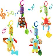 🧸 joyshare 4 piece soft hanging rattle crinkle squeaky toy set - infant toys for 0-12 months - animal ring plush stroller car bed crib travel activity hanging wind chime with teether - unisex logo