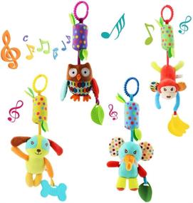img 4 attached to 🧸 Joyshare 4 Piece Soft Hanging Rattle Crinkle Squeaky Toy Set - Infant Toys for 0-12 Months - Animal Ring Plush Stroller Car Bed Crib Travel Activity Hanging Wind Chime with Teether - Unisex
