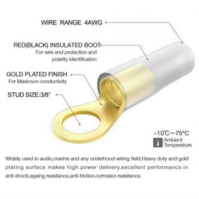 img 2 attached to AIRIC Gold Plated Crimp Ring Terminals with Soft Boots, 3/8 inch, 4 AWG, Wire Connector Kit (8-Pack)