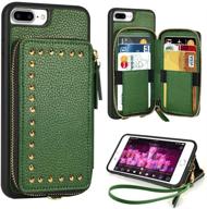 dark green wallet case for iphone 8 plus/7 plus, zve protective cover with credit card slot, zipper money holders, rivet design, wrist strap - 5.5 inch apple iphone 8 plus/7 plus logo