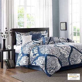 img 2 attached to 🛏️ Vienna Damask Indigo 7 Piece King Sateen Cotton Comforter Set - Traditional Luxe Design, Lightweight Bedding with Shams, Bedskirt, and Decorative Pillows - All Season, Madison Park (104 in x 92 in)