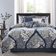 🛏️ vienna damask indigo 7 piece king sateen cotton comforter set - traditional luxe design, lightweight bedding with shams, bedskirt, and decorative pillows - all season, madison park (104 in x 92 in) logo