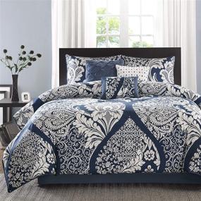 img 4 attached to 🛏️ Vienna Damask Indigo 7 Piece King Sateen Cotton Comforter Set - Traditional Luxe Design, Lightweight Bedding with Shams, Bedskirt, and Decorative Pillows - All Season, Madison Park (104 in x 92 in)