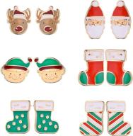 🎄 exquisite christmas set: 6 pairs of reindeer, santa claus, & elf stud earrings in red and green stockings by lux accessories logo