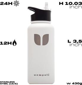 img 2 attached to 🧃 VEMPOLI 32 Oz Sports Water Bottle - Vacuum Insulated Stainless Steel, 3 Lids (Including Straw Lid), Silicone Cleaning Brush, Modern Double Wall, Simple Thermo Mug (White)