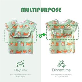 img 3 attached to 👶 Little Dimsum Short Sleeves Feeding Bibs: Waterproof Apron with Top Pocket Bag for Babies/Toddlers/Infants (Pack of 2, Green)