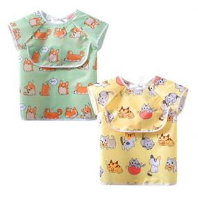 img 4 attached to 👶 Little Dimsum Short Sleeves Feeding Bibs: Waterproof Apron with Top Pocket Bag for Babies/Toddlers/Infants (Pack of 2, Green)