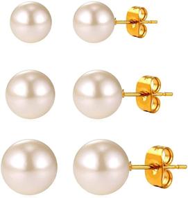 img 4 attached to 👂 Exquisite Handpicked 18k Gold Plated Women Pearl Earrings: Round White Freshwater Cultured Pearls Stud Earrings Set (5mm 7mm 9mm)