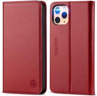 🔴 shieldon genuine leather wallet case for iphone 11 pro (5.8"), auto sleep wake, flip magnetic cover, rfid blocking, card slots, kickstand, shockproof - cherry red logo