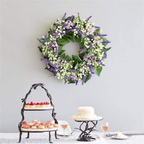 img 1 attached to 🌸 Lavender Greenery Summer Flower Wreath: 22" Artificial Decor for Front Door, Wall, Home Farmhouse, and Festival Celebration - includes Wreath Hanger